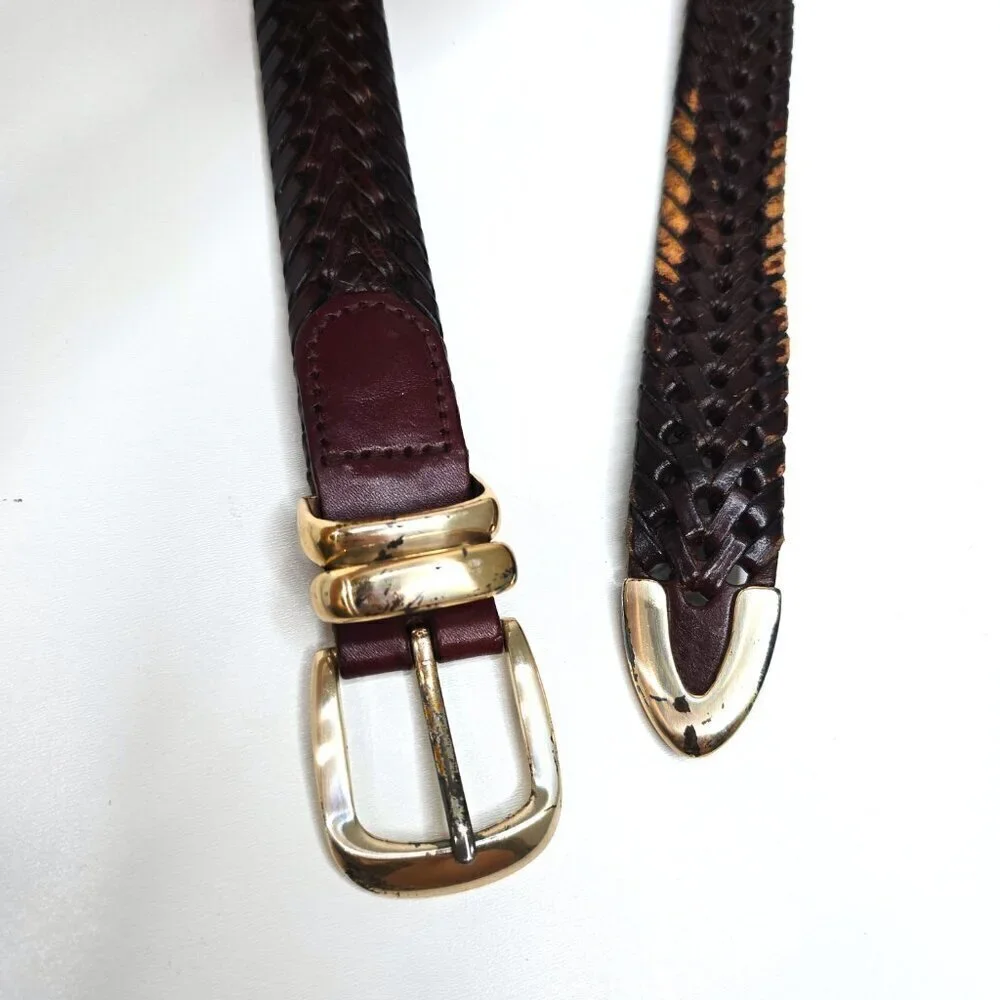 Fossil Vintage Brown Braided Leather Belt Gold Buckle